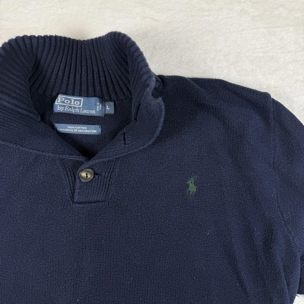 Vintage‎ Polo By Ralph Lauren Collared Knit Henley Sweater Navy Blue Men's Large